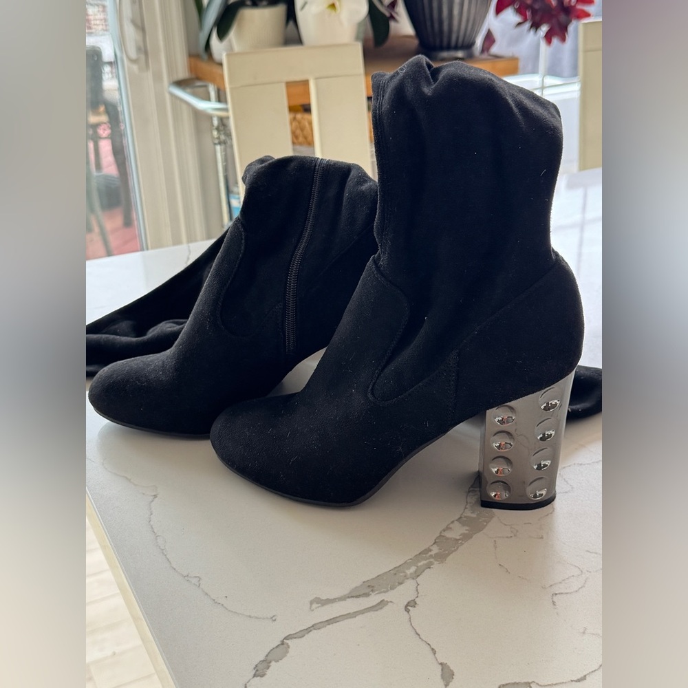 Black Suede Ankle Boots with Silver Studded Heel